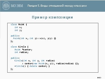 Лекция 5. Виды отношений между классами Пример композиции class Point { int x; int