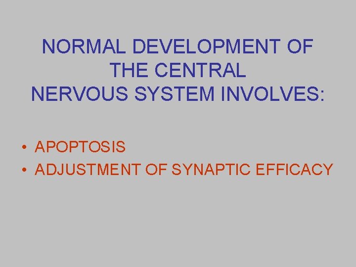 NORMAL DEVELOPMENT OF THE CENTRAL NERVOUS SYSTEM INVOLVES: • APOPTOSIS • ADJUSTMENT OF SYNAPTIC