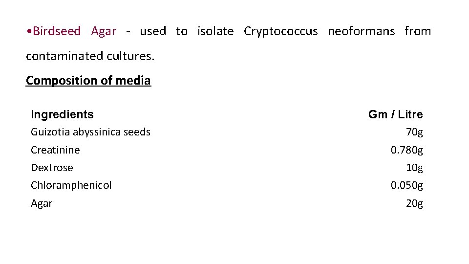  • Birdseed Agar - used to isolate Cryptococcus neoformans from contaminated cultures. Composition