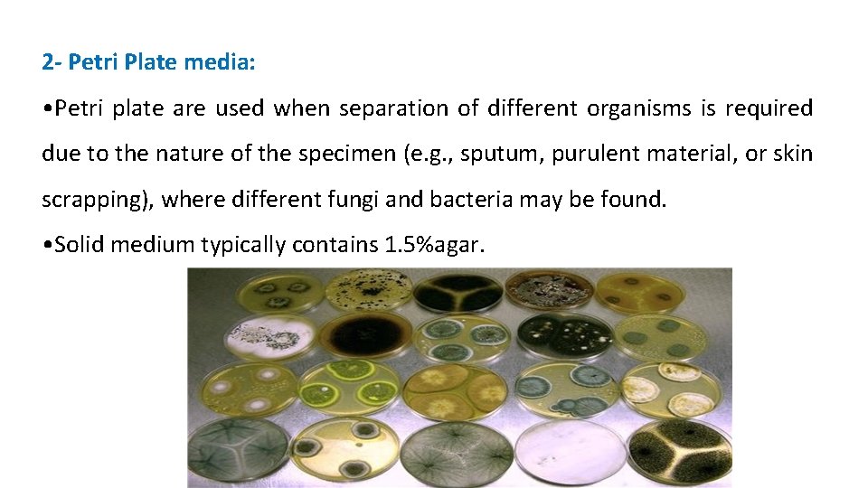 2 - Petri Plate media: • Petri plate are used when separation of different