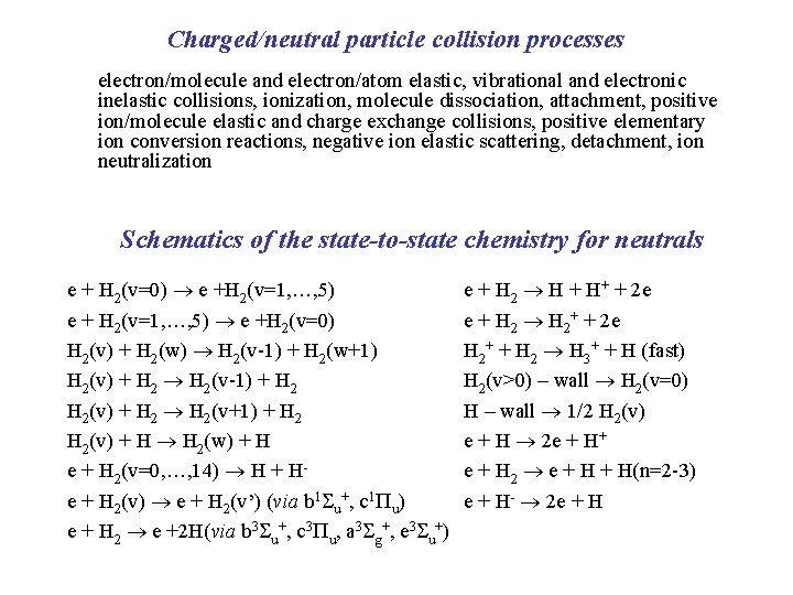 Charged/neutral particle collision processes electron/molecule and electron/atom elastic, vibrational and electronic inelastic collisions, ionization,