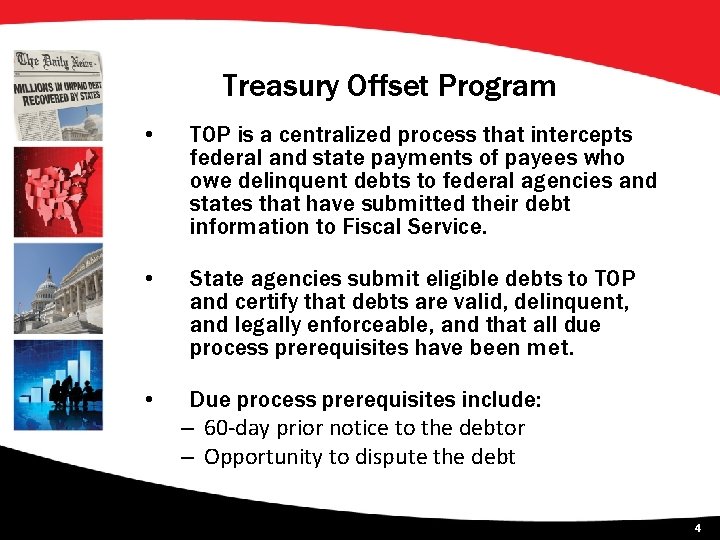 Treasury Offset Program • TOP is a centralized process that intercepts federal and state