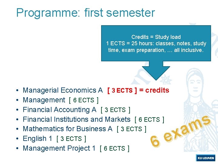 Programme: first semester Credits = Study load 1 ECTS = 25 hours: classes, notes,