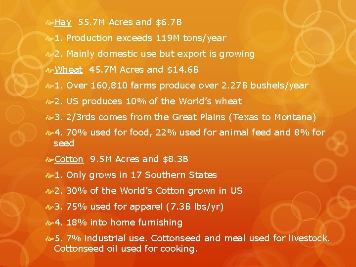  Hay 55. 7 M Acres and $6. 7 B 1. Production exceeds 119