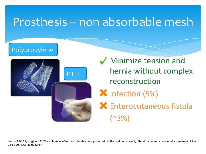 Prosthesis – non absorbable mesh Polypropylene PTFE Minimize tension and hernia without complex reconstruction Prosthesis – non absorbable mesh Polypropylene PTFE Minimize tension and hernia without complex reconstruction