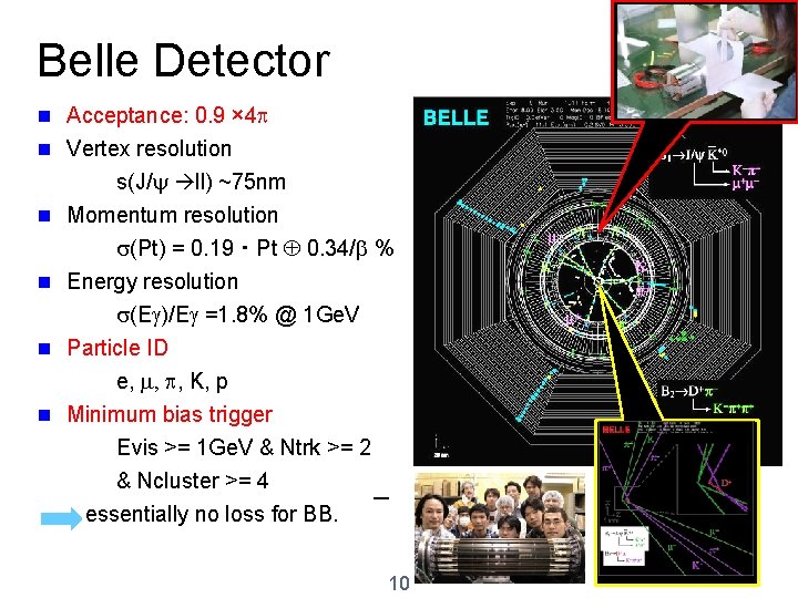 Belle Detector n Acceptance: 0. 9 × 4 n Vertex resolution s(J/y ll) ~75