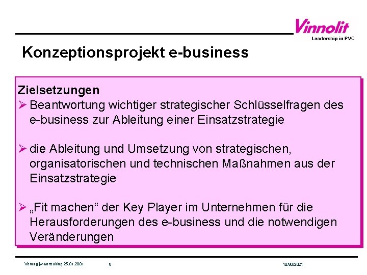 Konzeptionsprojekt e-business Zielsetzungen Ø Beantwortung wichtiger strategischer Schlüsselfragen des e-business zur Ableitung einer Einsatzstrategie