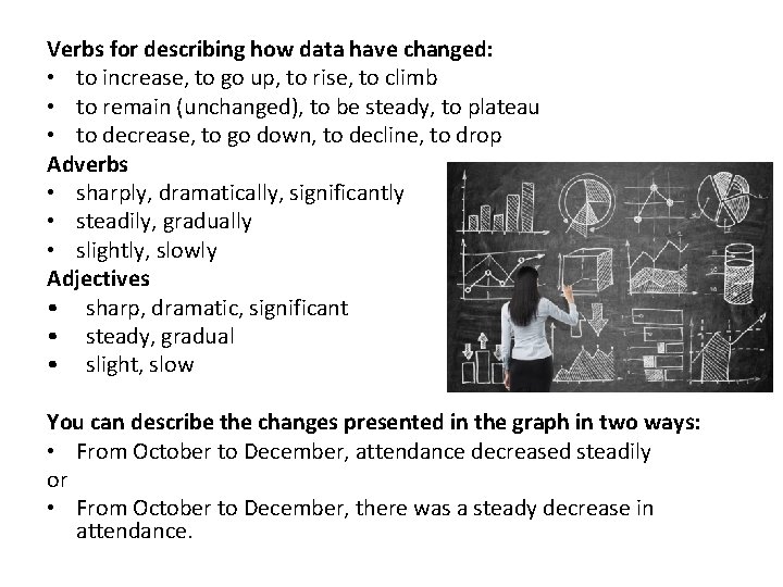 Verbs for describing how data have changed: • to increase, to go up, to