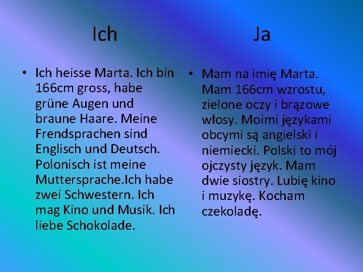 Ich Ja • Ich heisse Marta. Ich bin • Mam na imię Marta. 166