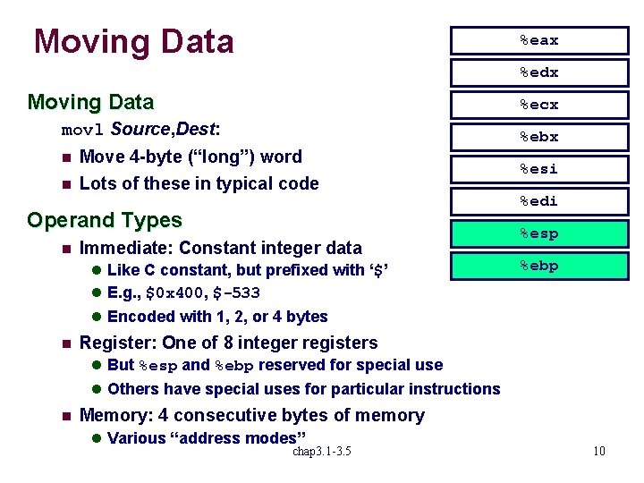 Moving Data %eax %edx Moving Data %ecx movl Source, Dest: n n %ebx Move