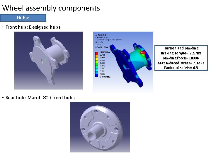 Wheel assembly components Hubs: • Front hub: Designed hubs Torsion and Bending Braking Torque=