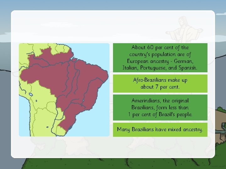 About 60 per cent of the country's population are of European ancestry German, Italian,