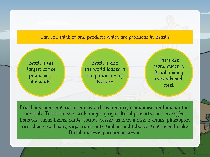 Can you think of any products which are produced in Brazil? Brazil is the