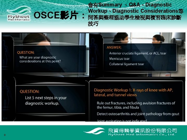 OSCE影片： 8 會有Summary 、Q&A、Diagnostic Workup、Diagnostic Considerations等 問答與整理協助學生檢視與複習臨床診斷 技巧 