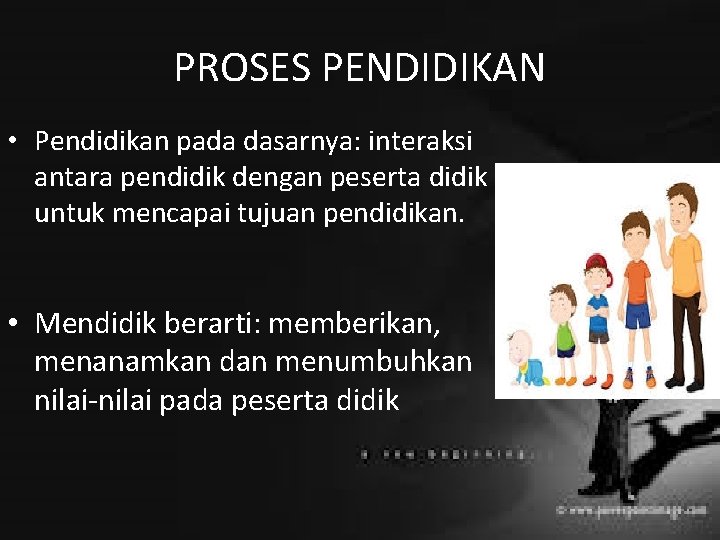 PROSES PENDIDIKAN • Pendidikan pada dasarnya: interaksi antara pendidik dengan peserta didik untuk mencapai