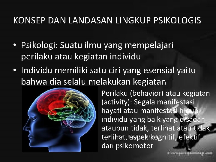 KONSEP DAN LANDASAN LINGKUP PSIKOLOGIS • Psikologi: Suatu ilmu yang mempelajari perilaku atau kegiatan