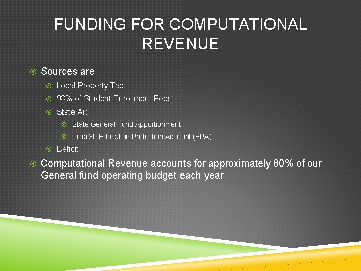 FUNDING FOR COMPUTATIONAL REVENUE Sources are Local Property Tax 98% of Student Enrollment Fees