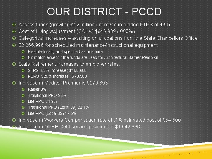 OUR DISTRICT - PCCD Access funds (growth) $2. 2 million (increase in funded FTES