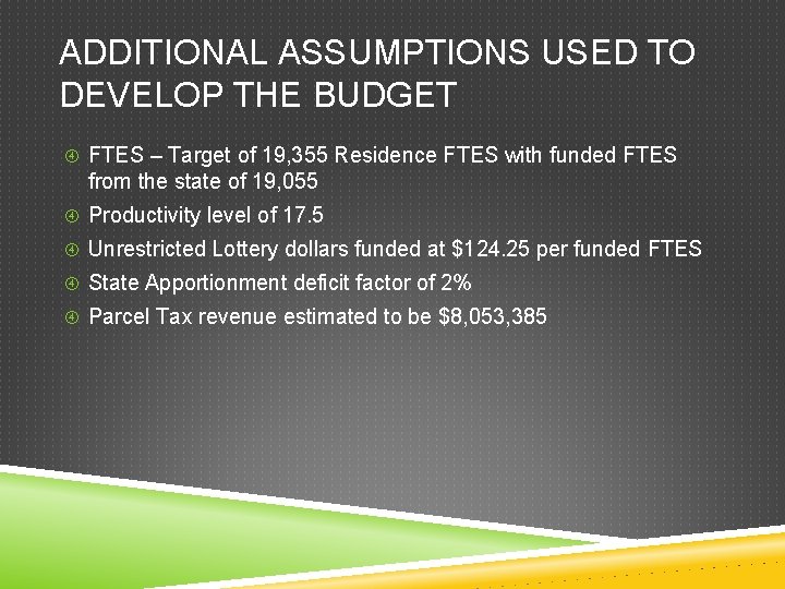 ADDITIONAL ASSUMPTIONS USED TO DEVELOP THE BUDGET FTES – Target of 19, 355 Residence