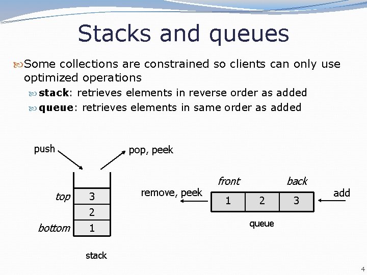 Stacks and queues Some collections are constrained so clients can only use optimized operations