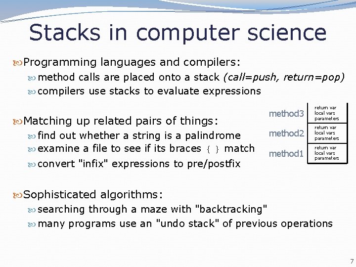 Stacks in computer science Programming languages and compilers: method calls are placed onto a