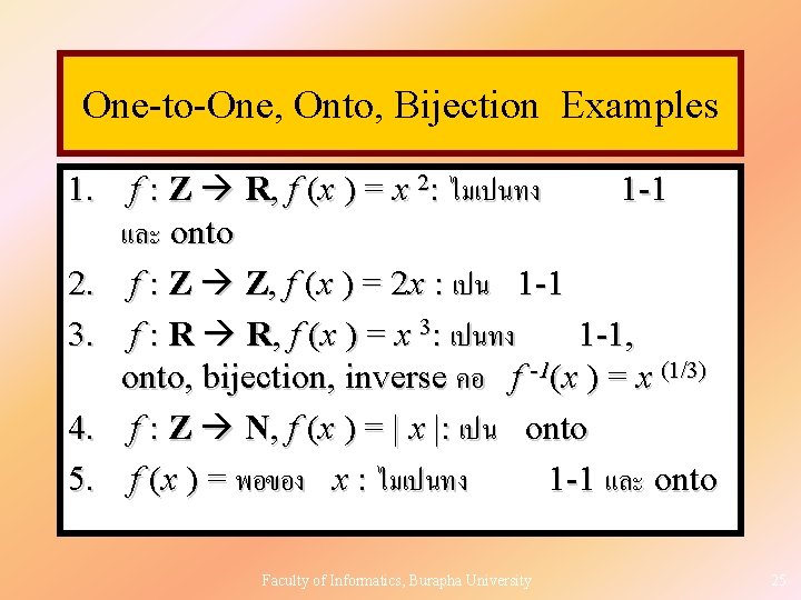 One-to-One, Onto, Bijection Examples 1. f : Z R, f (x ) = x