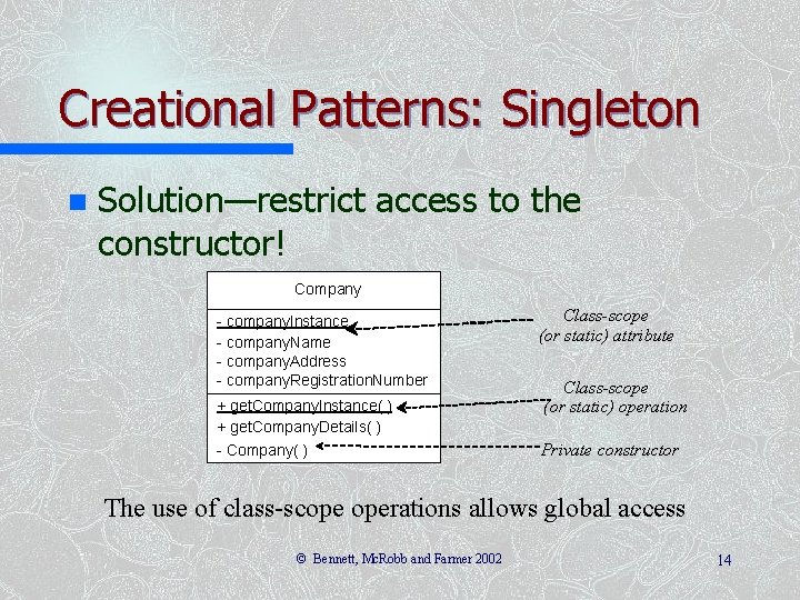 Creational Patterns: Singleton n Solution—restrict access to the constructor! Company - company. Instance -