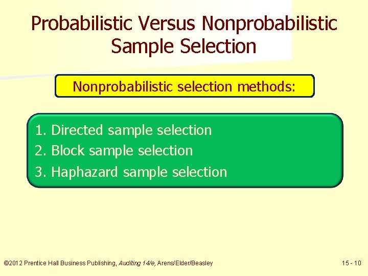 Probabilistic Versus Nonprobabilistic Sample Selection Nonprobabilistic selection methods: 1. Directed sample selection 2. Block