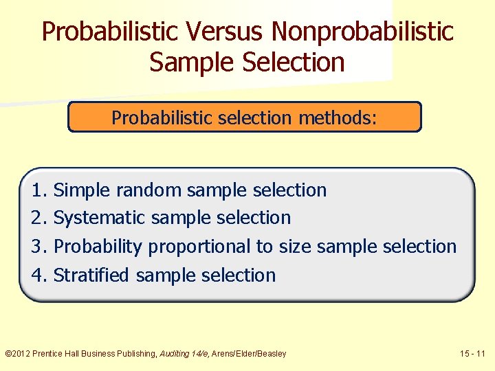 Probabilistic Versus Nonprobabilistic Sample Selection Probabilistic selection methods: 1. Simple random sample selection 2.