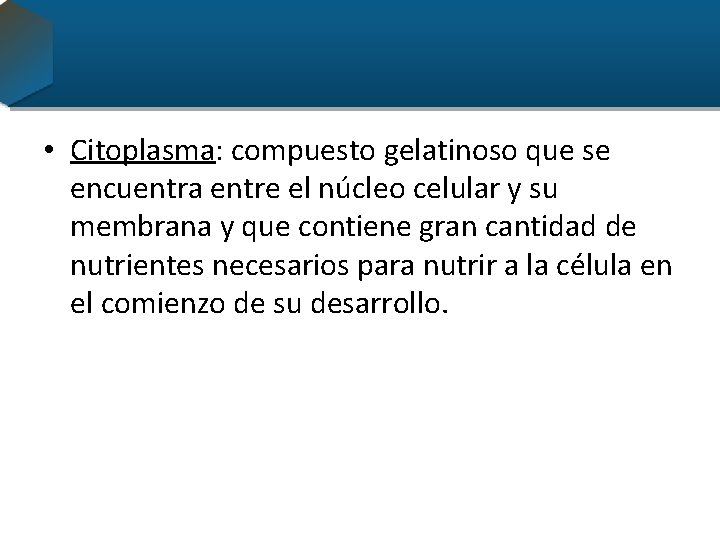  • Citoplasma: compuesto gelatinoso que se encuentra entre el núcleo celular y su