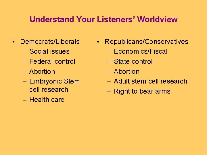 Understand Your Listeners’ Worldview • Democrats/Liberals – Social issues – Federal control – Abortion