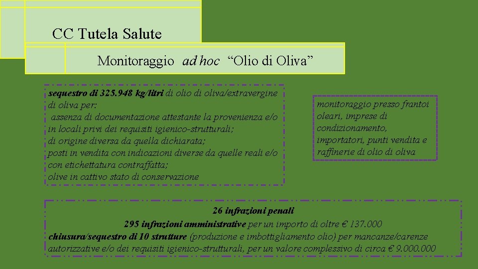 CC Tutela Salute Monitoraggio ad hoc “Olio di Oliva” sequestro di 325. 948 kg/litri