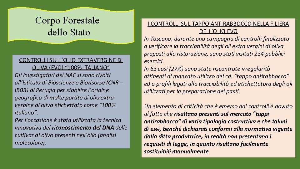 Corpo Forestale dello Stato CONTROLLI SULL’OLIO EXTRAVERGINE DI OLIVA (EVO) “ 100% ITALIANO” Gli