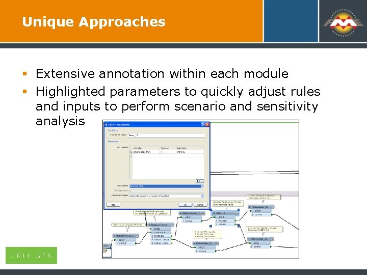 Unique Approaches § Extensive annotation within each module § Highlighted parameters to quickly adjust