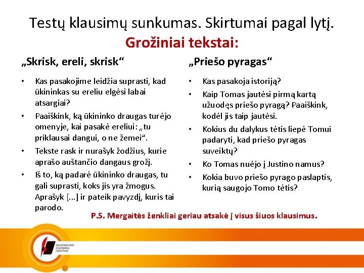 Testų klausimų sunkumas. Skirtumai pagal lytį. Grožiniai tekstai: „Skrisk, ereli, skrisk“ • • „Priešo