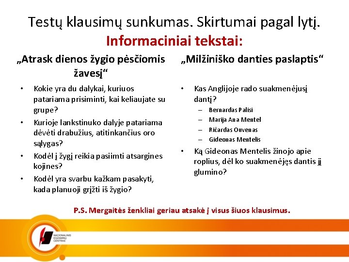 Testų klausimų sunkumas. Skirtumai pagal lytį. Informaciniai tekstai: „Atrask dienos žygio pėsčiomis žavesį“ •