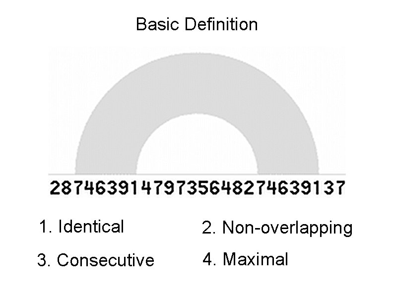 Basic Definition 1. Identical 2. Non-overlapping 3. Consecutive 4. Maximal Basic Definition 1. Identical 2. Non-overlapping 3. Consecutive 4. Maximal