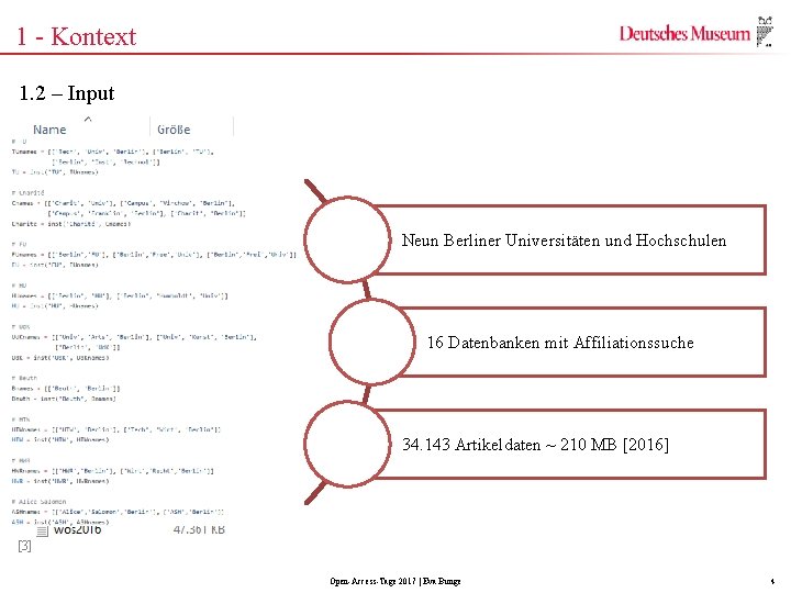 1 - Kontext 1. 2 – Input Neun Berliner Universitäten und Hochschulen 16 Datenbanken