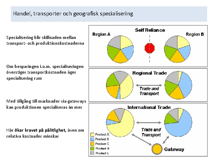 Handel, transporter och geografisk specialisering Specialisering blir skillnaden mellan transport- och produktionskostnaderna Om besparingen