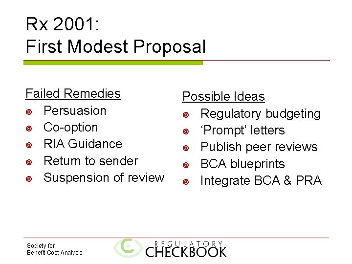 Rx 2001: First Modest Proposal Failed Remedies Persuasion Co-option RIA Guidance Return to sender
