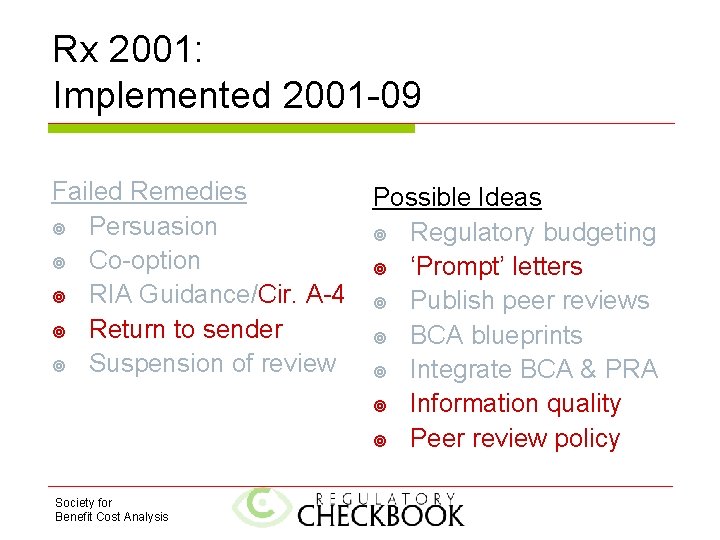 Rx 2001: Implemented 2001 -09 Failed Remedies Persuasion Co-option RIA Guidance/Cir. A-4 Return to