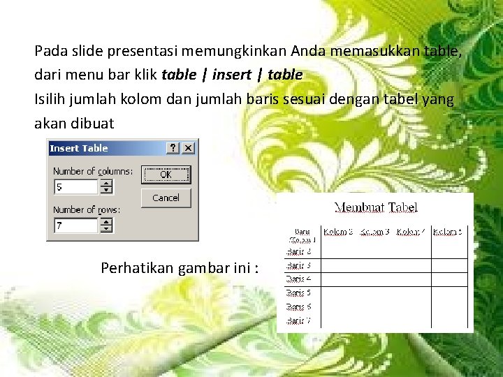 Table Pada slide presentasi memungkinkan Anda memasukkan table, dari menu bar klik table |