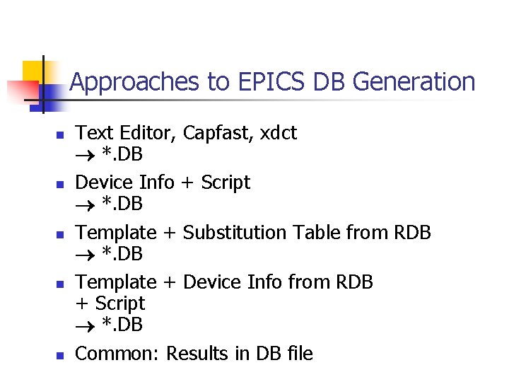 Approaches to EPICS DB Generation n n Text Editor, Capfast, xdct *. DB Device