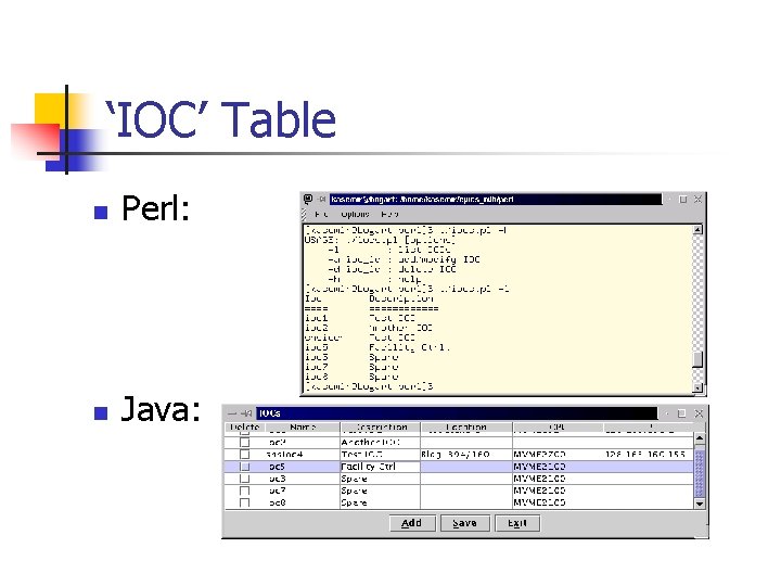 ‘IOC’ Table n Perl: n Java: 