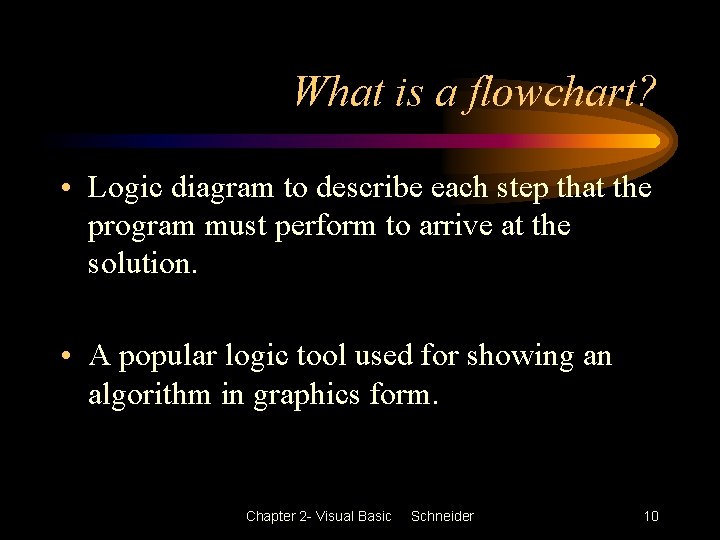 What is a flowchart? • Logic diagram to describe each step that the program What is a flowchart? • Logic diagram to describe each step that the program