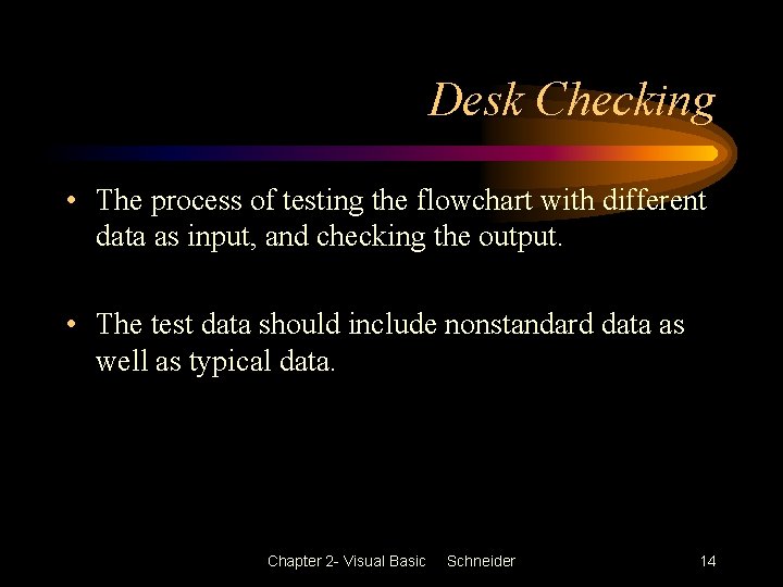 Desk Checking • The process of testing the flowchart with different data as input, Desk Checking • The process of testing the flowchart with different data as input,
