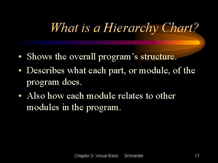 What is a Hierarchy Chart? • Shows the overall program’s structure. • Describes what What is a Hierarchy Chart? • Shows the overall program’s structure. • Describes what