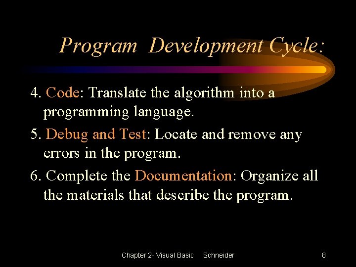 Program Development Cycle: 4. Code: Translate the algorithm into a programming language. 5. Debug Program Development Cycle: 4. Code: Translate the algorithm into a programming language. 5. Debug