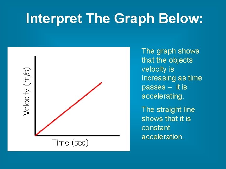 Interpret The Graph Below: The graph shows that the objects velocity is increasing as