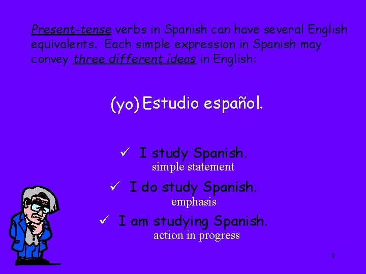 Present-tense verbs in Spanish can have several English equivalents. Each simple expression in Spanish